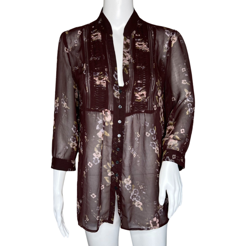 Banana Republic Shirt Women Medium Burgundy Pink Floral Flower Buttons Bloomcore